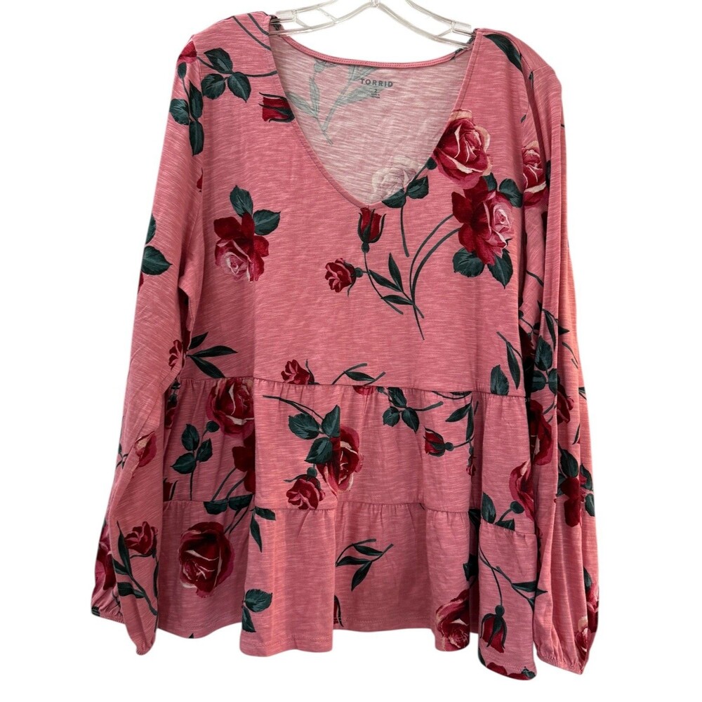 Torrid Wild Rose Puff Sleeve Tiered Babydoll Top Size 2X Pink Floral Blouse NWT